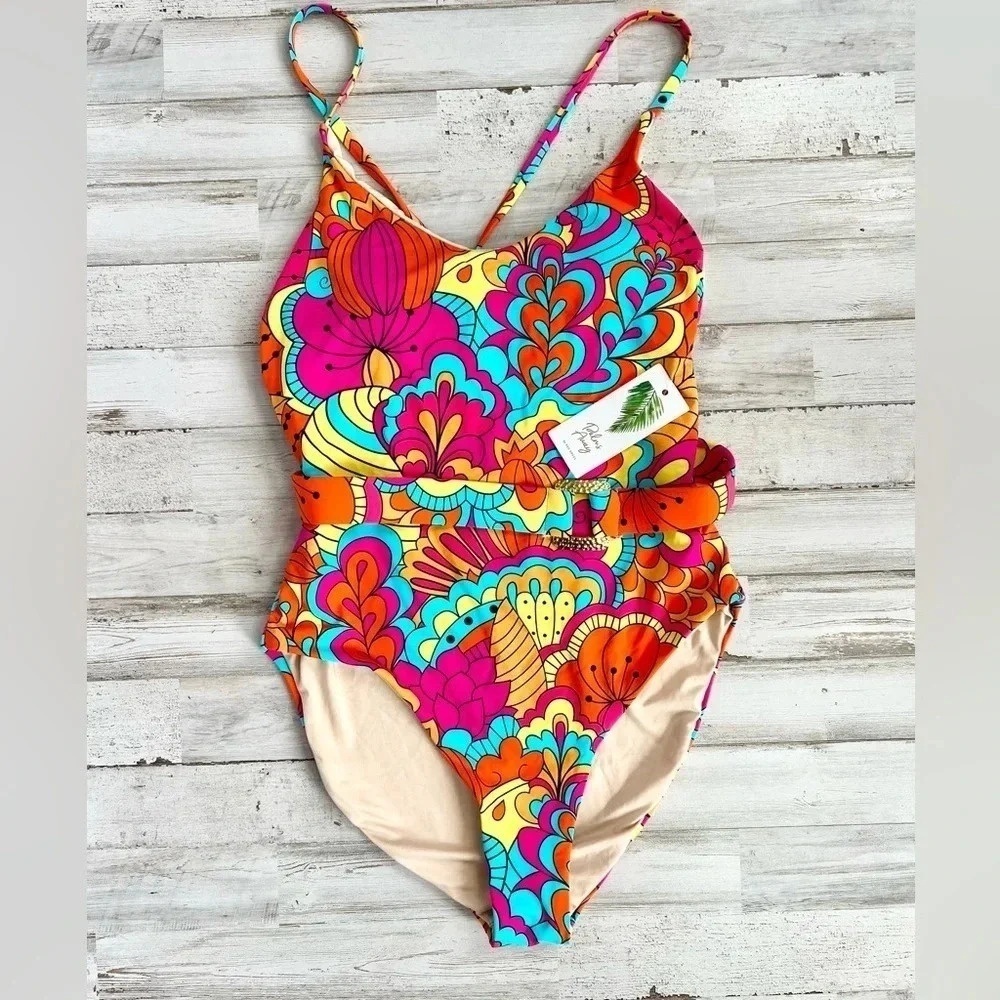 Palms Away Belted One Piece Swimsuit Vibrant Abstract Floral Print Size XS